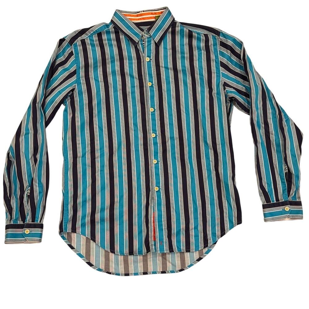 Robert Graham Tailored Fit Blue Striped Cotton Button Up Shirt M